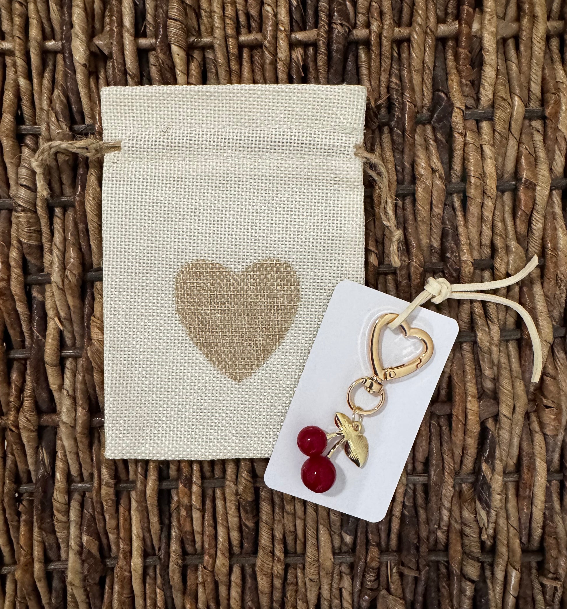 Small Bag with Cherry Heart Keychains