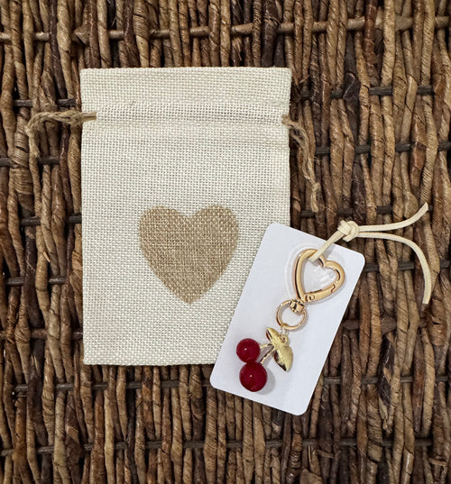 Small Bag with Cherry Heart Keychains